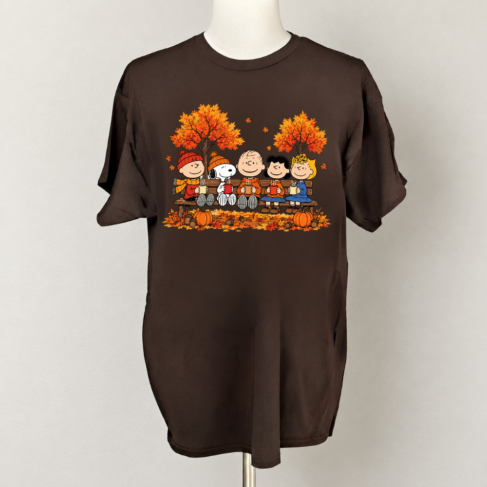 Peanuts Snoopy Charlie Brown Fall Autumn Leaves Bench Coffee T-Shirt